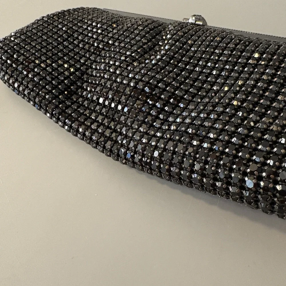 NEW Natasha Crystal Evening Purse Clutch Black Convertible Prong Set Stones